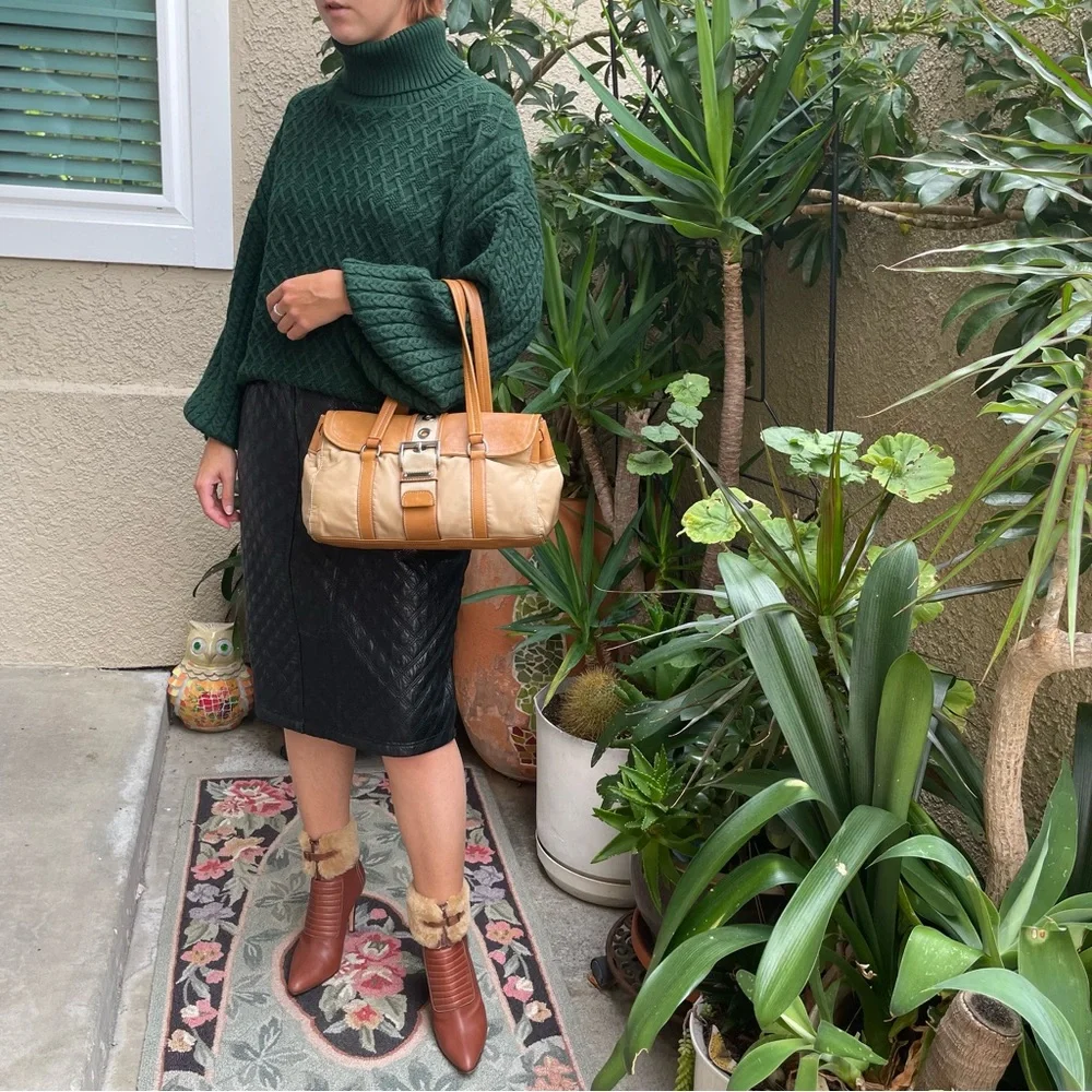 Vintage tan/silver Prada nylon/leather bag with dust bag